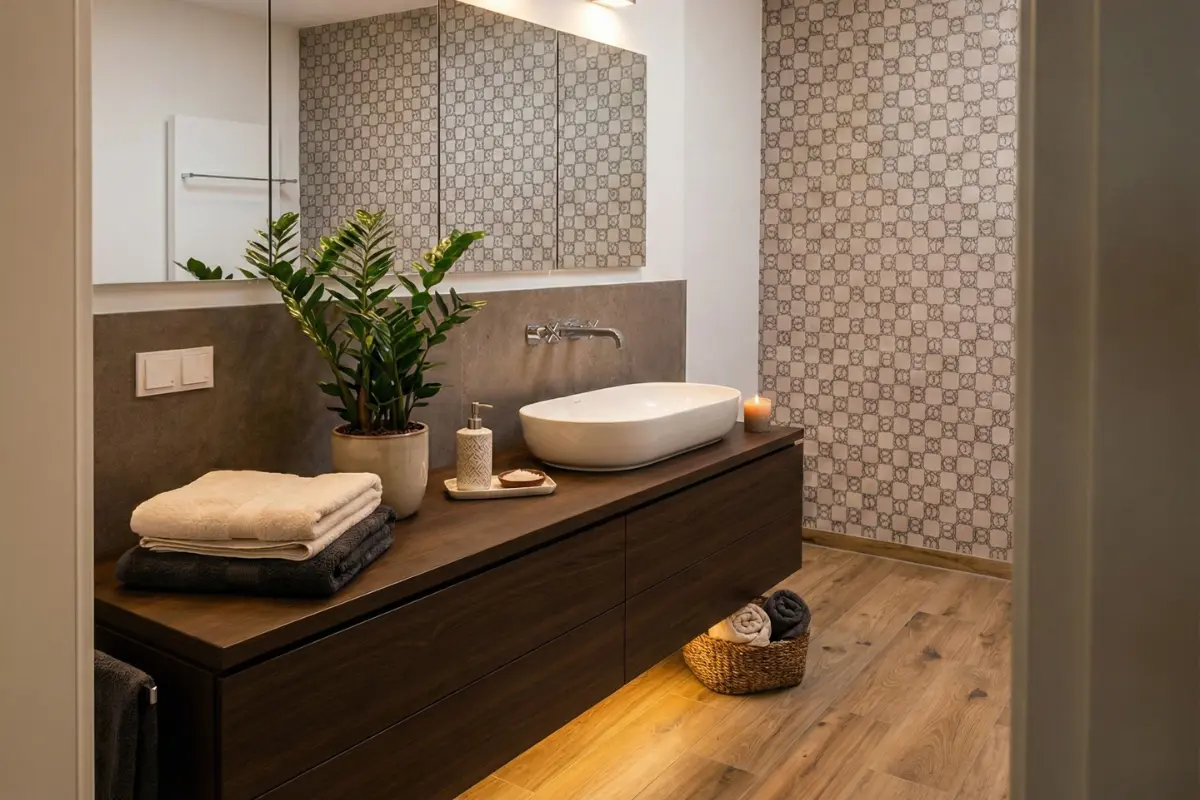 Modernes Badezimmer mit Bodenfliesen in warmer Holzoptik, schwebendem Nussbaum-Waschtisch mit Aufsatzwaschbecken, Spiegelschrank und gemusterter Dekorfliese an der Akzentwand – Badgestaltung aus Korschenbroich
